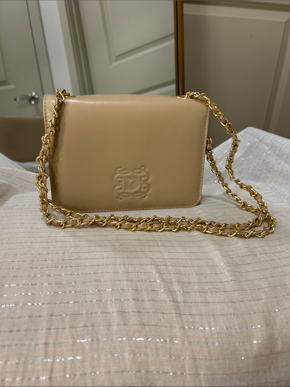 Beige Leather Chain Crossbody with Embossed Logo